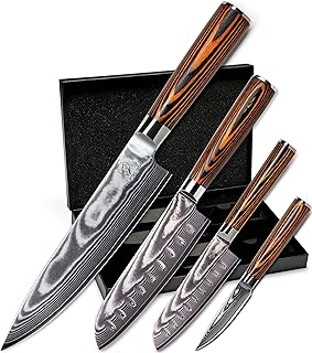 Wolfblood 4er Damastmesser Set (32, 30, 24 und 20 cm) TÜV geprüfter 62 HRC Damaststahl aus 67 L…