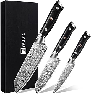 PAUDIN Damastmesser set, Messerset 3-teilig, Damast Küchenmesserset mit Ultra Scharfes Santokume…