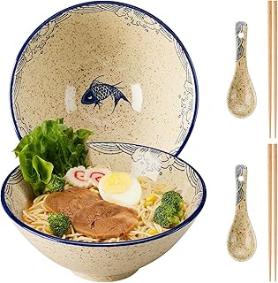 Japanisches Ramen Schüssel Set 2-teilig, 1200ml Große Keramik Nudelschalen mit Essstäbchen und…